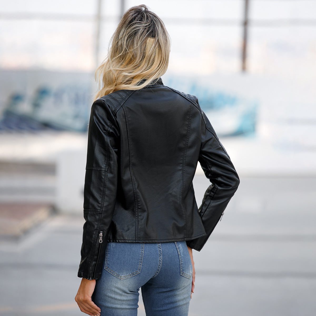Slim-fit women's leather jacket with a stand-up collar and zipper details - J&B; - 1 - Elvaroza.com