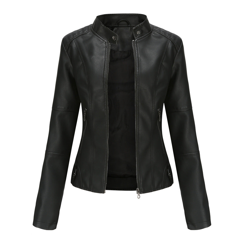 Slim-fit women's leather jacket with a stand-up collar and zipper details - J&B; - 3 - Elvaroza.com