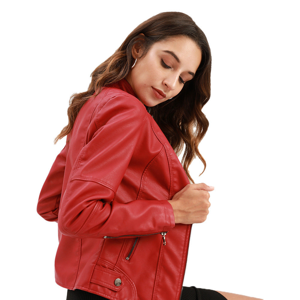 Slim-fit women's leather jacket with a stand-up collar and zipper details - J&B; - 10 - Elvaroza.com
