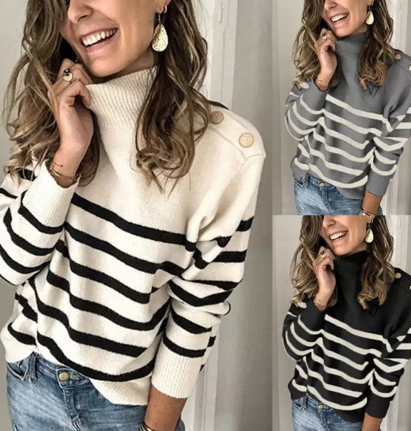 Striped women's sweater with a high collar and button details - J&B; - 5 - Elvaroza.com