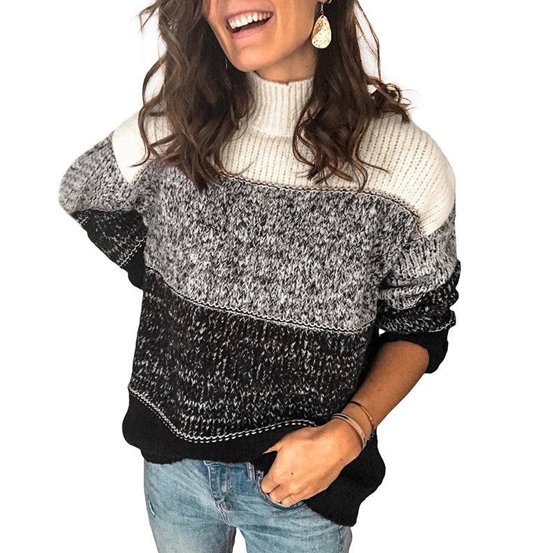 Women's loose-fitting color-blocked turtleneck sweater - J&B; - 1 - Elvaroza.com