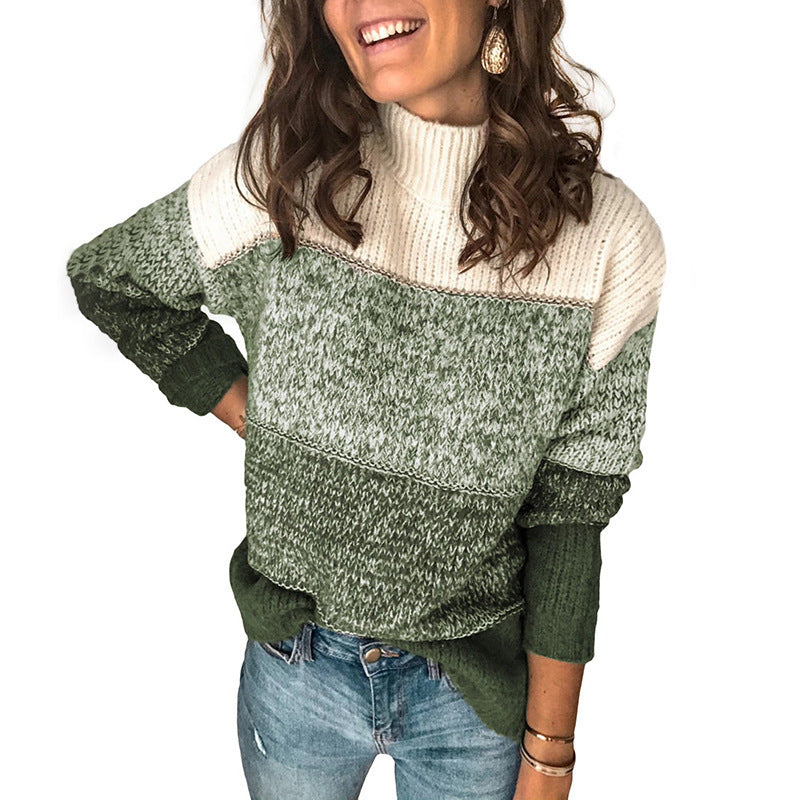Women's loose-fitting color-blocked turtleneck sweater - J&B; - 2 - Elvaroza.com