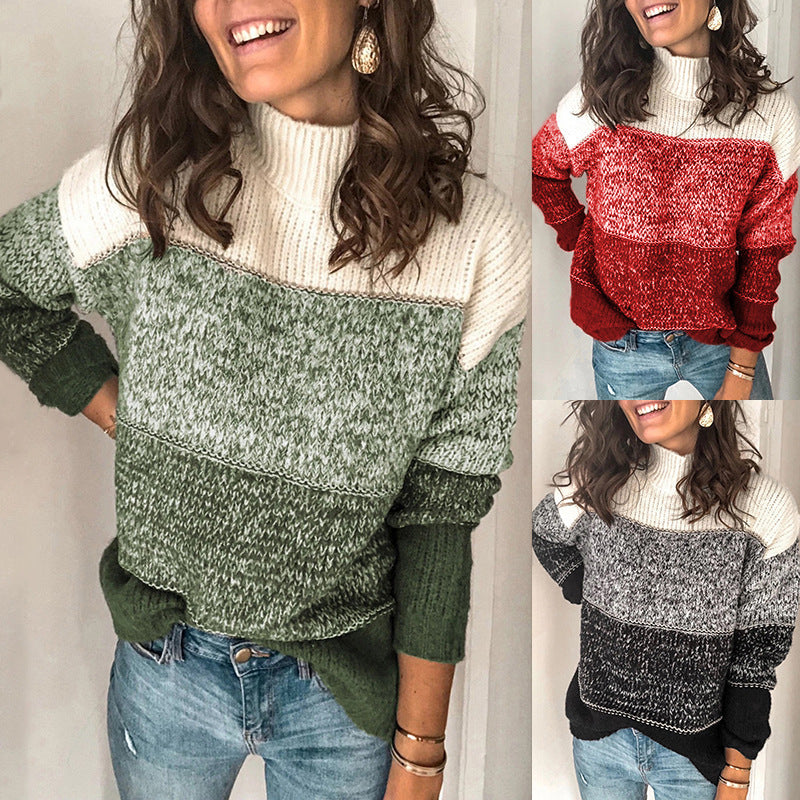 Women's loose-fitting color-blocked turtleneck sweater - J&B; - 3 - Elvaroza.com