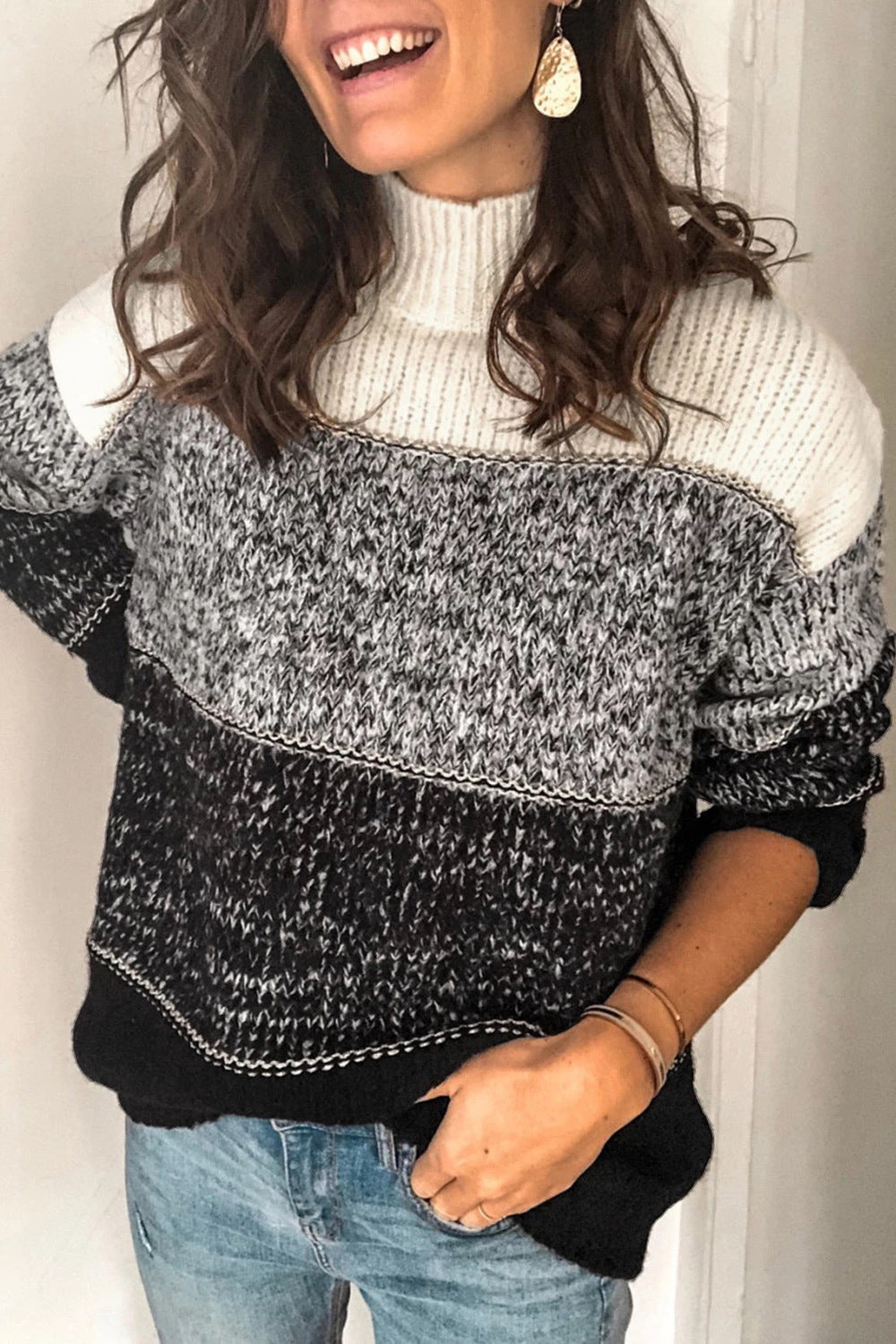 Women's loose-fitting color-blocked turtleneck sweater - J&B; - 5 - Elvaroza.com