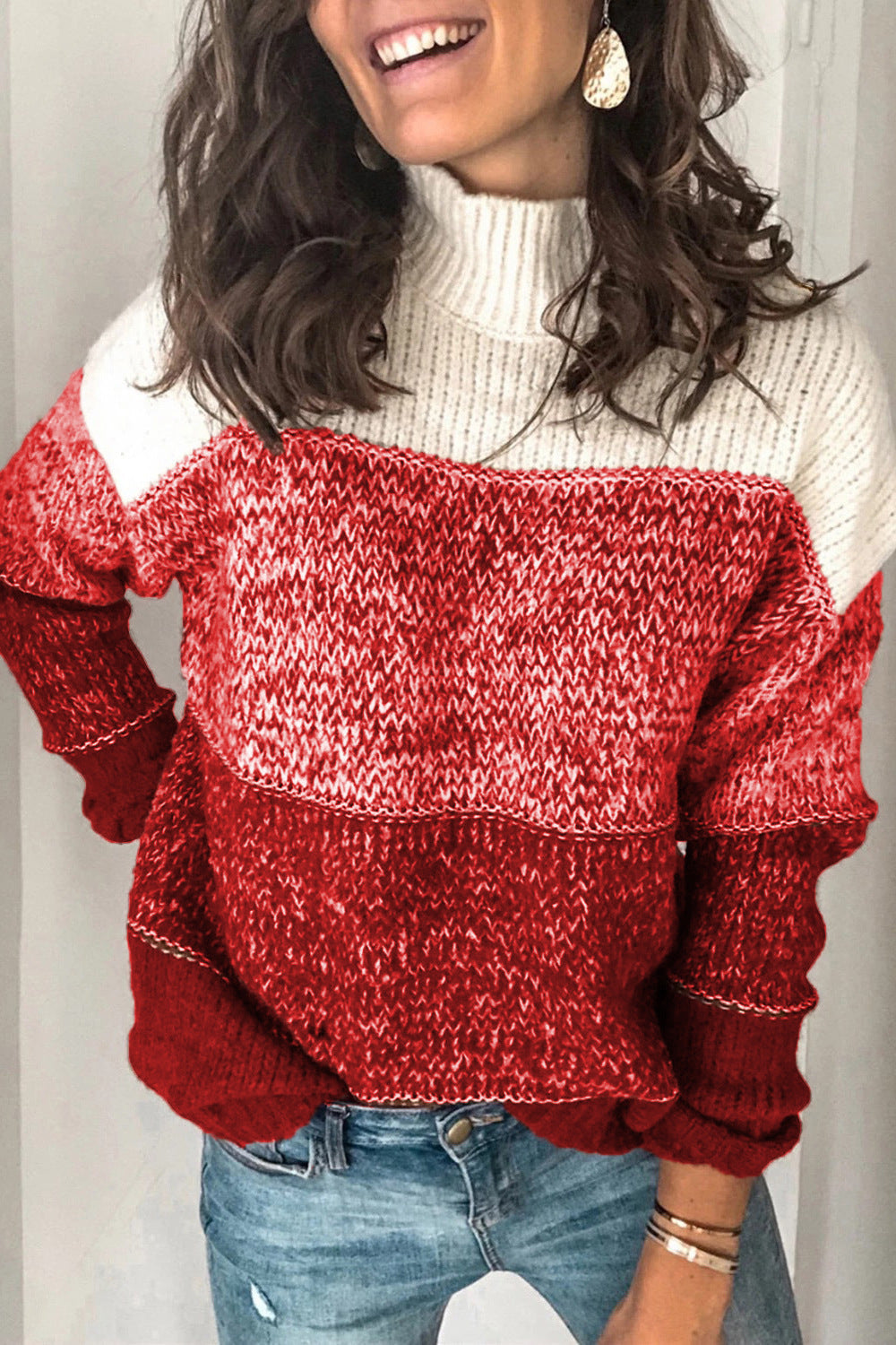 Women's loose-fitting color-blocked turtleneck sweater - J&B; - 7 - Elvaroza.com