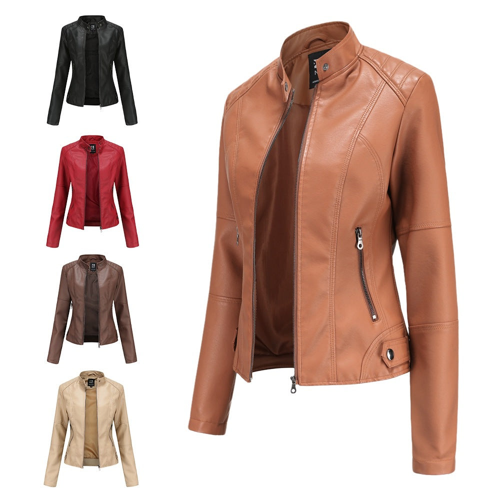 Women's faux leather motorcycle jacket with front zipper and pockets - J&B; - 2 - Elvaroza.com