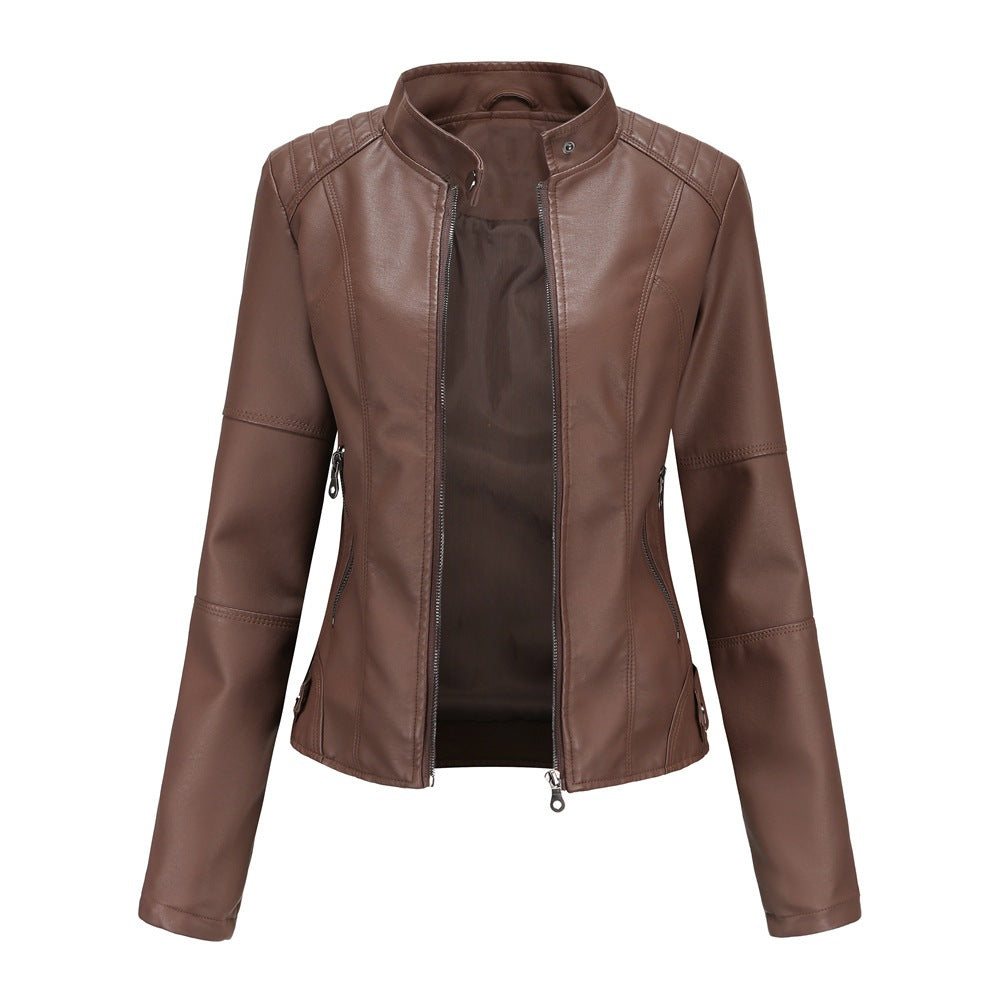 Women's faux leather motorcycle jacket with front zipper and pockets - J&B; - 3 - Elvaroza.com