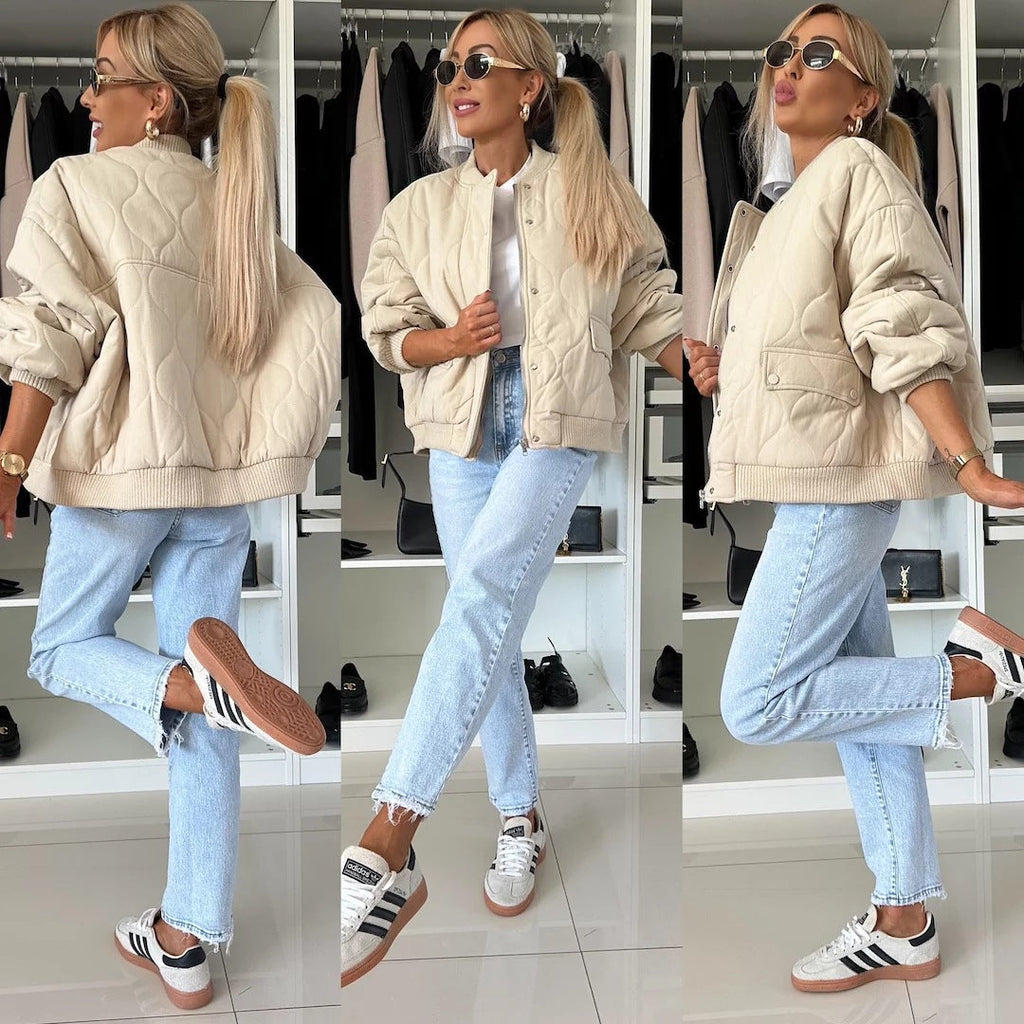 Quilted Bomber Jacket for Women – Casual Style with Snap Closure - J&B; - 1 - Elvaroza.com