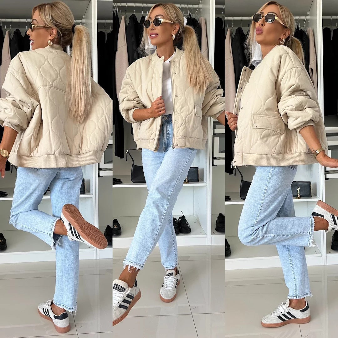 Quilted Bomber Jacket for Women – Casual Style with Snap Closure - J&B; - 1 - Elvaroza.com