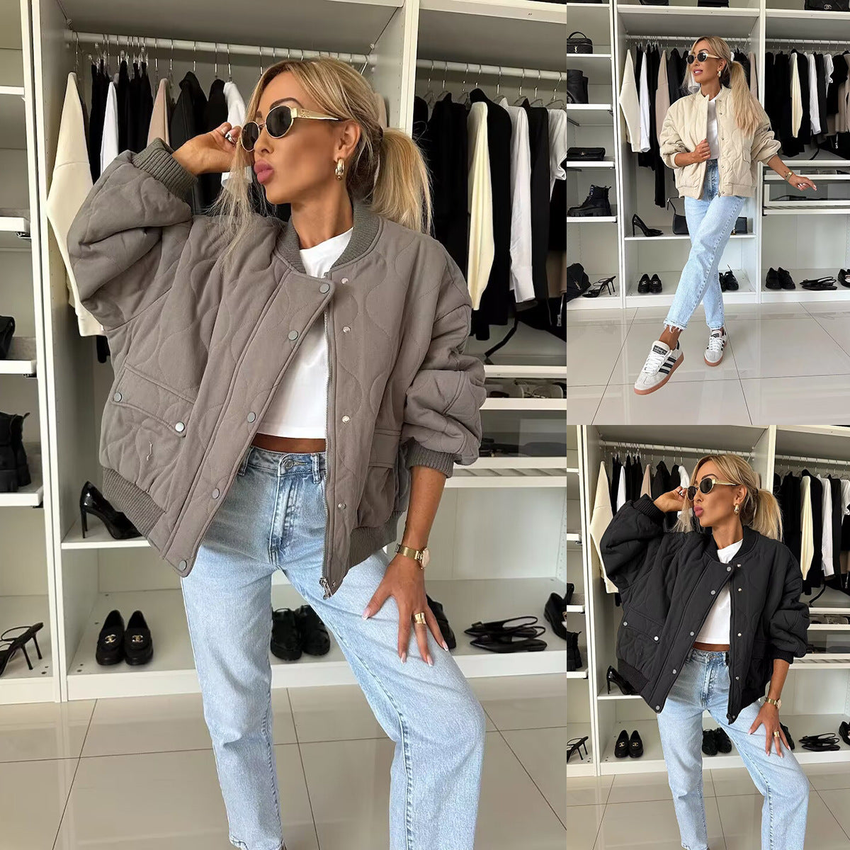 Quilted Bomber Jacket for Women – Casual Style with Snap Closure - J&B; - 4 - Elvaroza.com