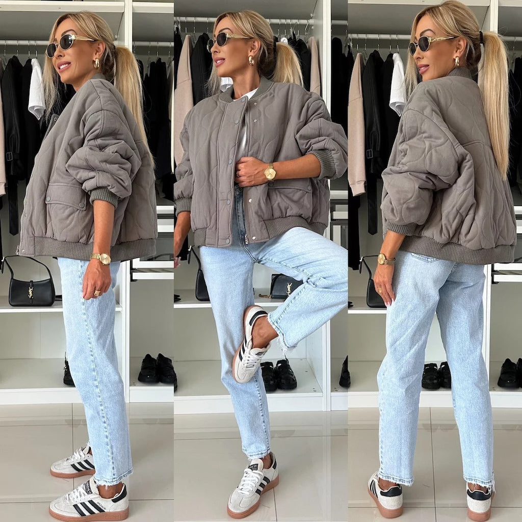 Quilted Bomber Jacket for Women – Casual Style with Snap Closure - J&B; - 5 - Elvaroza.com