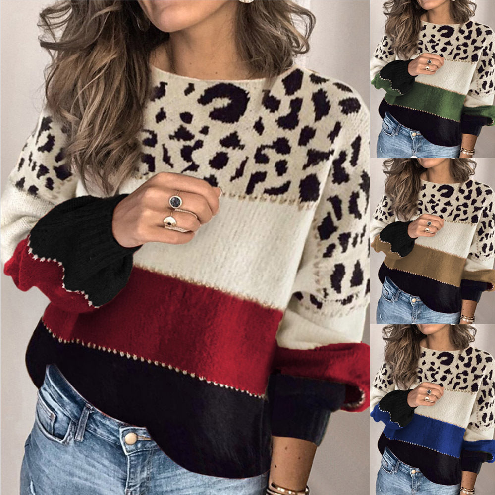 Women's loose-fitting sweater with a leopard print and contrasting stripes - J&B; - 6 - Elvaroza.com