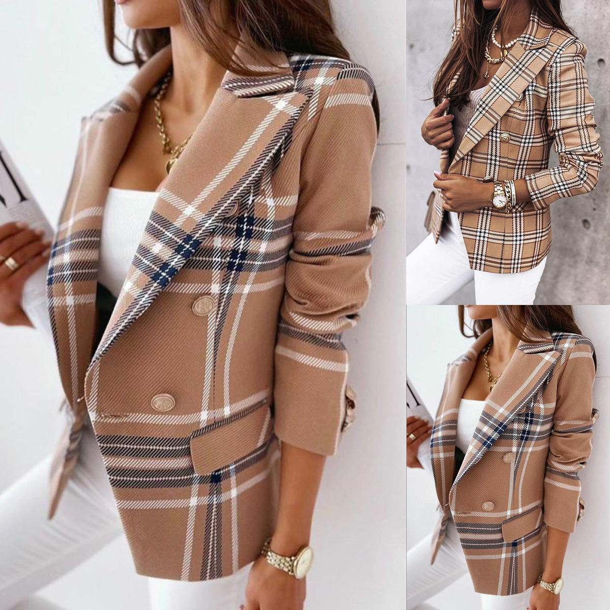 Double-breasted women's blazer with a chic check pattern and a fitted silhouette - J&B; - 2 - Elvaroza.com