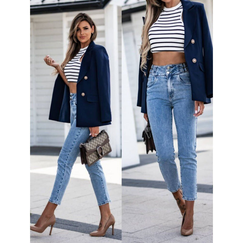 Zweireihiger Damenblazer in Hellblau mit eleganter Schnittführung | J&B - 2 - Elvaroza.com