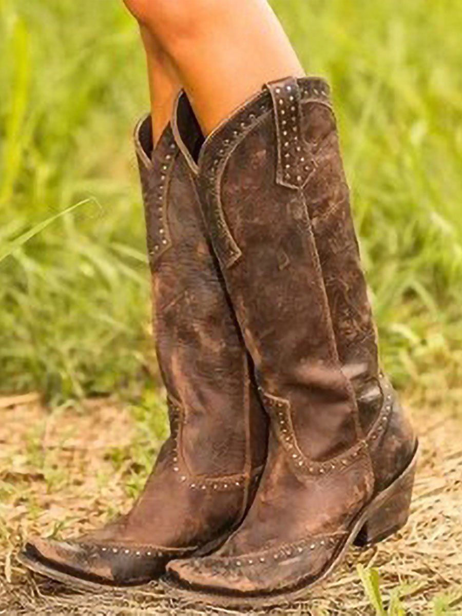 Knee-high cowboy boots for women with studs - J&B; - 1 - Elvaroza.com