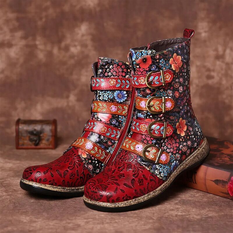 Stylish women's ankle boots with a floral pattern and buckles - J&B; - 1 - Elvaroza.com