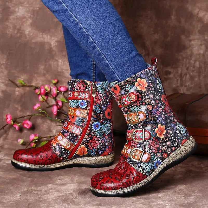 Stylish women's ankle boots with a floral pattern and buckles - J&B; - 2 - Elvaroza.com