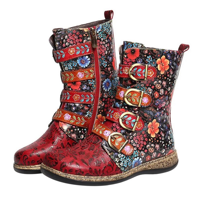 Stylish women's ankle boots with a floral pattern and buckles - J&B; - 8 - Elvaroza.com