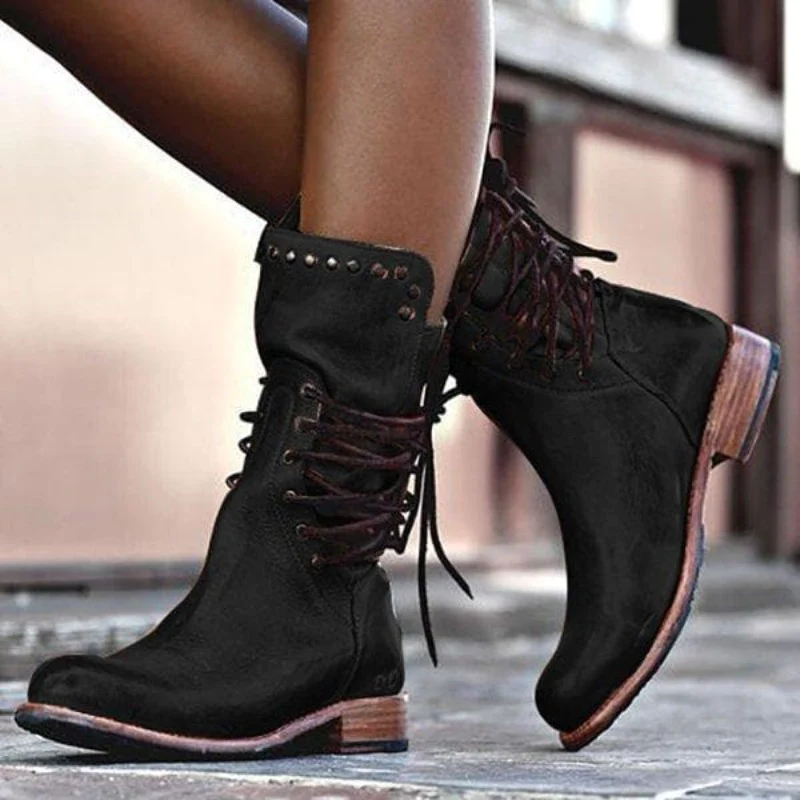 Women's Lace-Up Boots – Vintage Style with Comfortable Block Heels - J&B; - 2 - Elvaroza.com