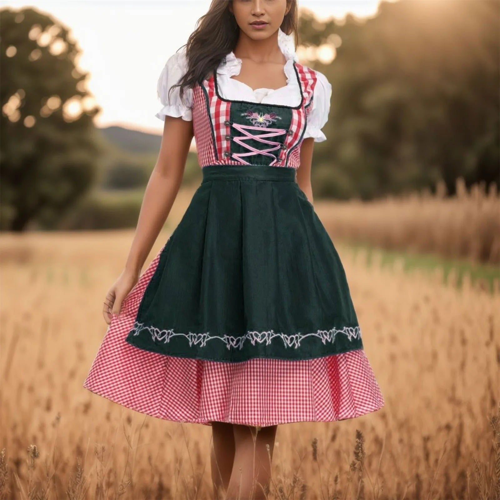 Women's Dirndl with Vichy Check Pattern and Lace-Up Detail - J&B; - 1 - Elvaroza.com