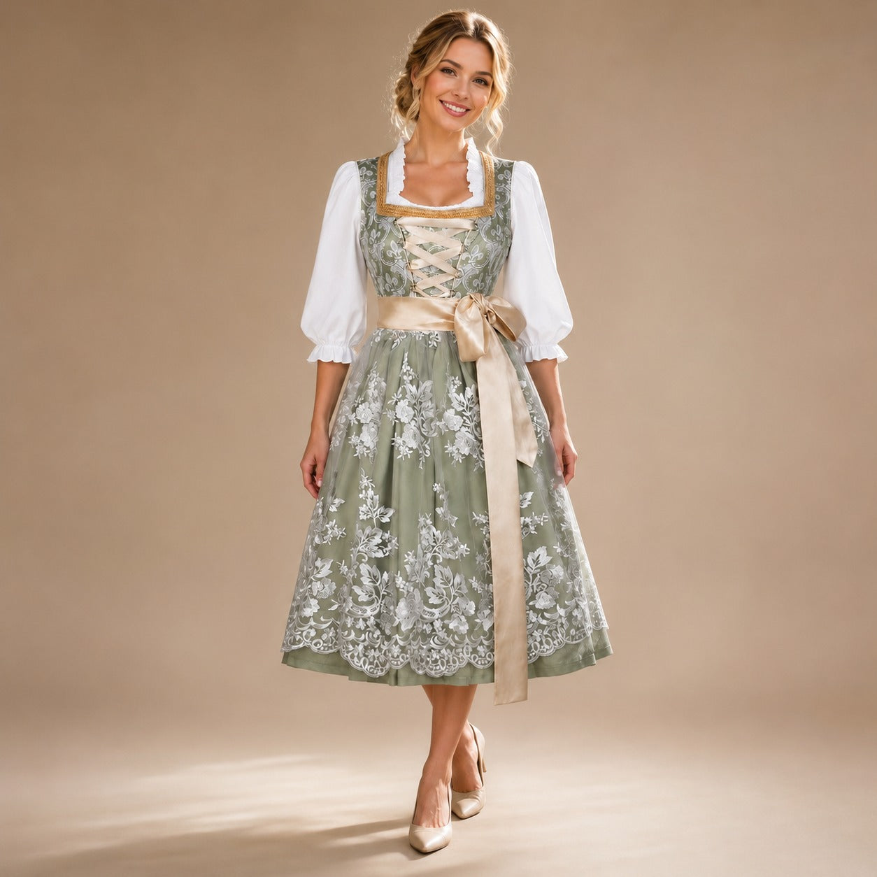 Women's Dirndl – Elegant Floral Print with Lacing and Waist Belt - J&B; - 4 - Elvaroza.com