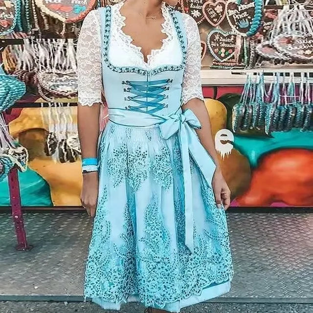 Women's Oktoberfest Dress with Lace Sleeves and Waist Belt - J&B; - 5 - Elvaroza.com
