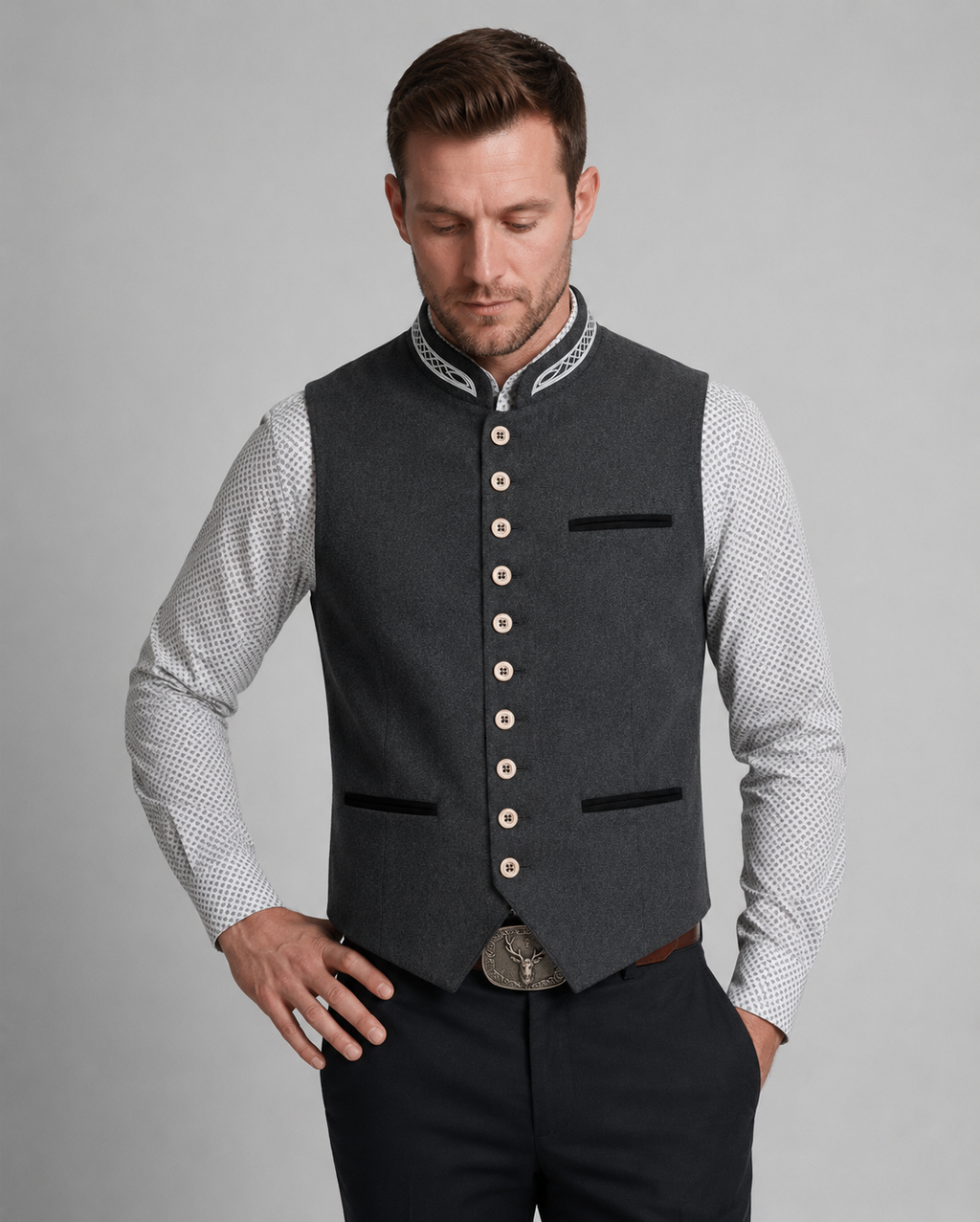 Men's Vest with Stand-Up Collar and Button Placket - J&B; - 3 - Elvaroza.com