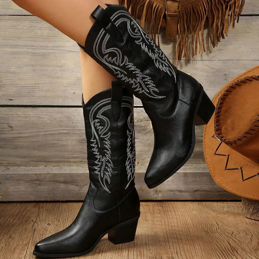 Women's Western-style boots with block heels and intricate embroidery - J&B; - 1 - Elvaroza.com