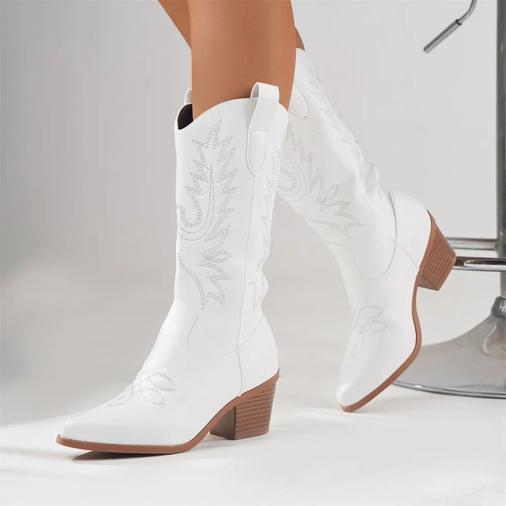 Women's Western-style boots with block heels and intricate embroidery - J&B; - 3 - Elvaroza.com