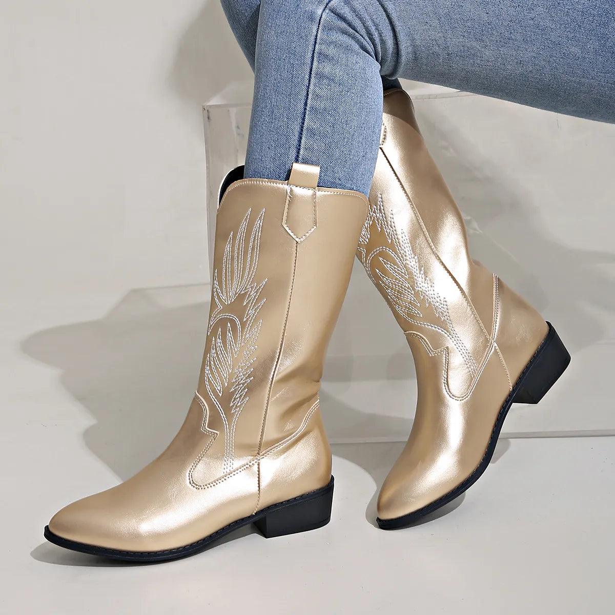 Women's Cowboy Boots with Block Heels and Stylish Embroidery - J&B; - 3 - Elvaroza.com