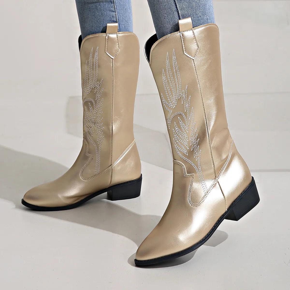 Women's Cowboy Boots with Block Heels and Stylish Embroidery - J&B; - 7 - Elvaroza.com