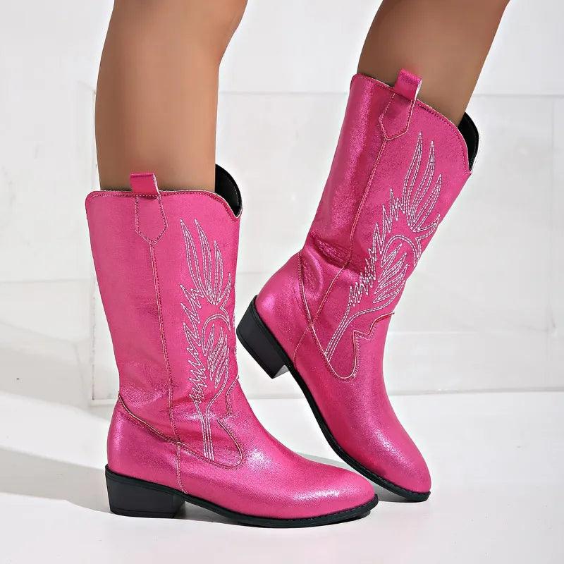 Women's Cowboy Boots with Block Heels and Stylish Embroidery - J&B; - 10 - Elvaroza.com