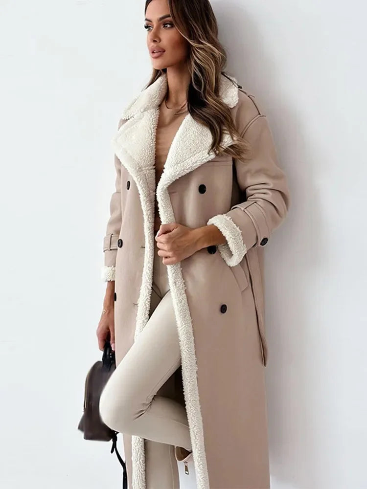 Long women's coat with a double-breasted placket and a cozy collar - J&B; - 4 - Elvaroza.com