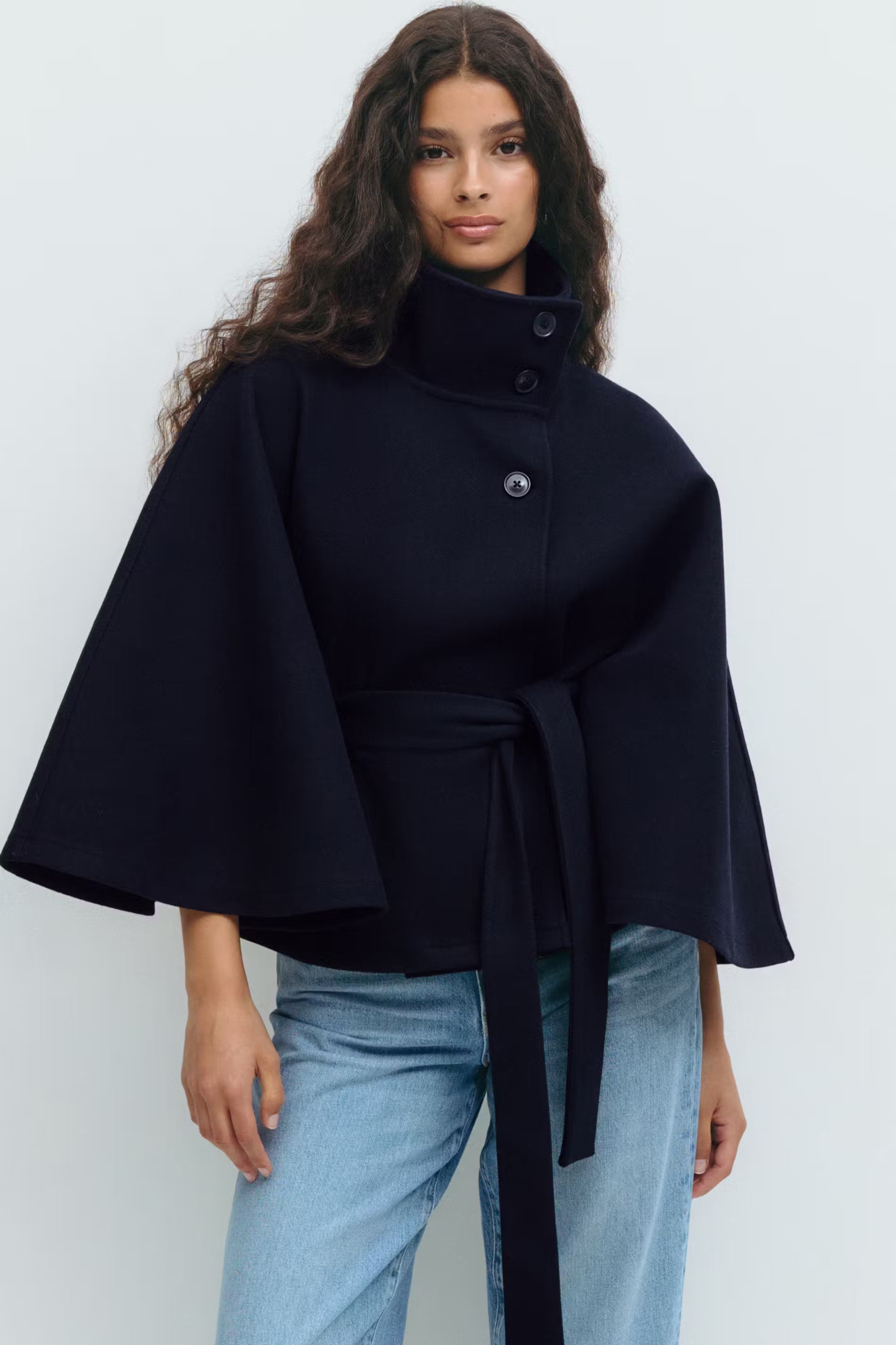 Women's loose-fitting cape coat with a high collar and belt - J&B; - 5 - Elvaroza.com