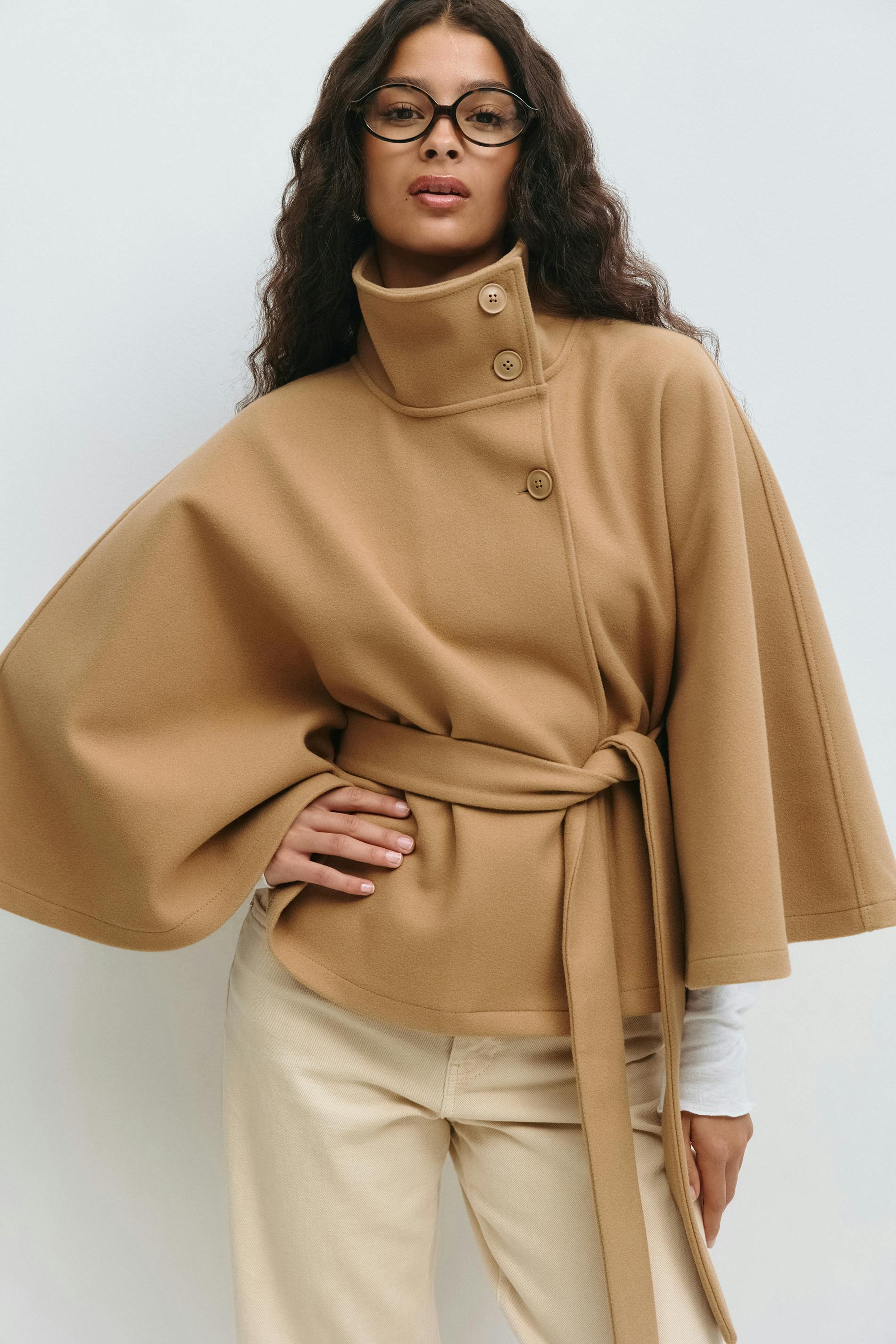 Women's loose-fitting cape coat with a high collar and belt - J&B; - 8 - Elvaroza.com