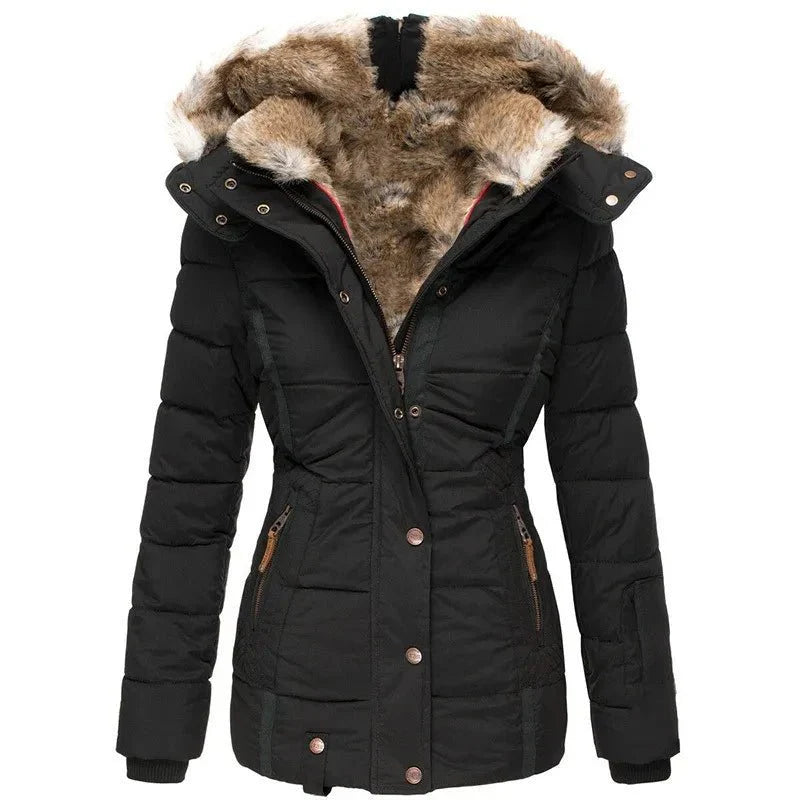 Women's Winter Jacket, Fitted with Faux Fur Hood and Quilted Design - J&B; - 1 - Elvaroza.com