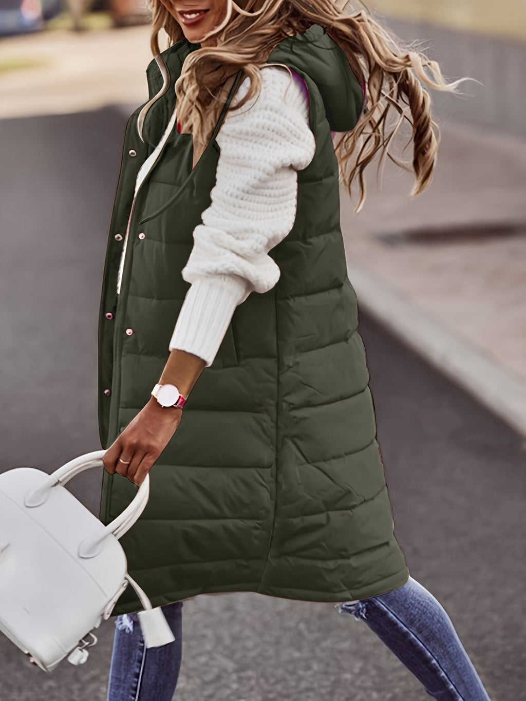Longline Puffer Jacket Women's with Hood and Snap Closure - Image 10