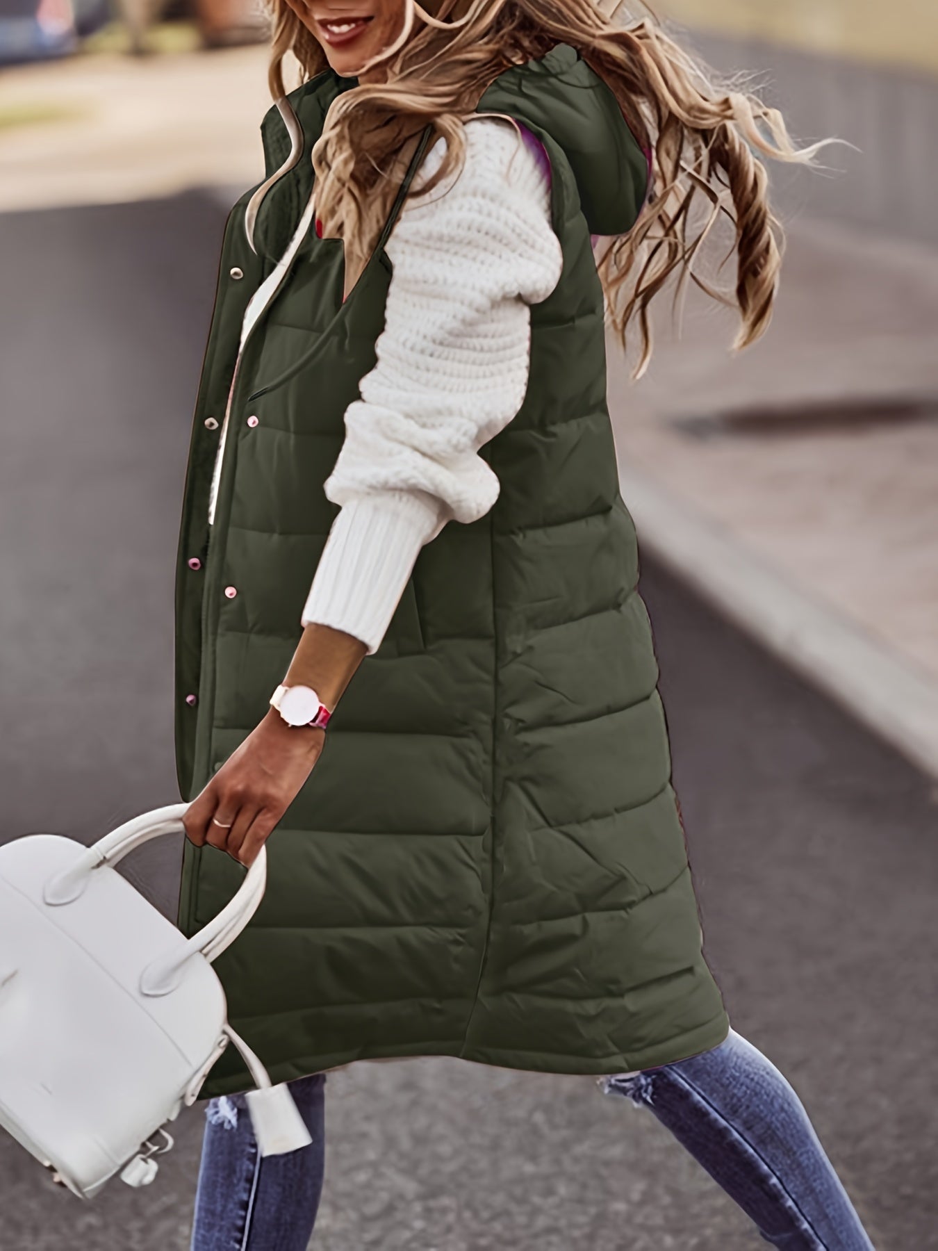 Longline Puffer Jacket Women's with Hood and Snap Closure - Image 10