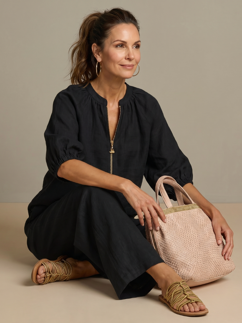 Two-piece set for women in a relaxed fit with puff sleeves and pants - J&B; - 19 - Elvaroza.com