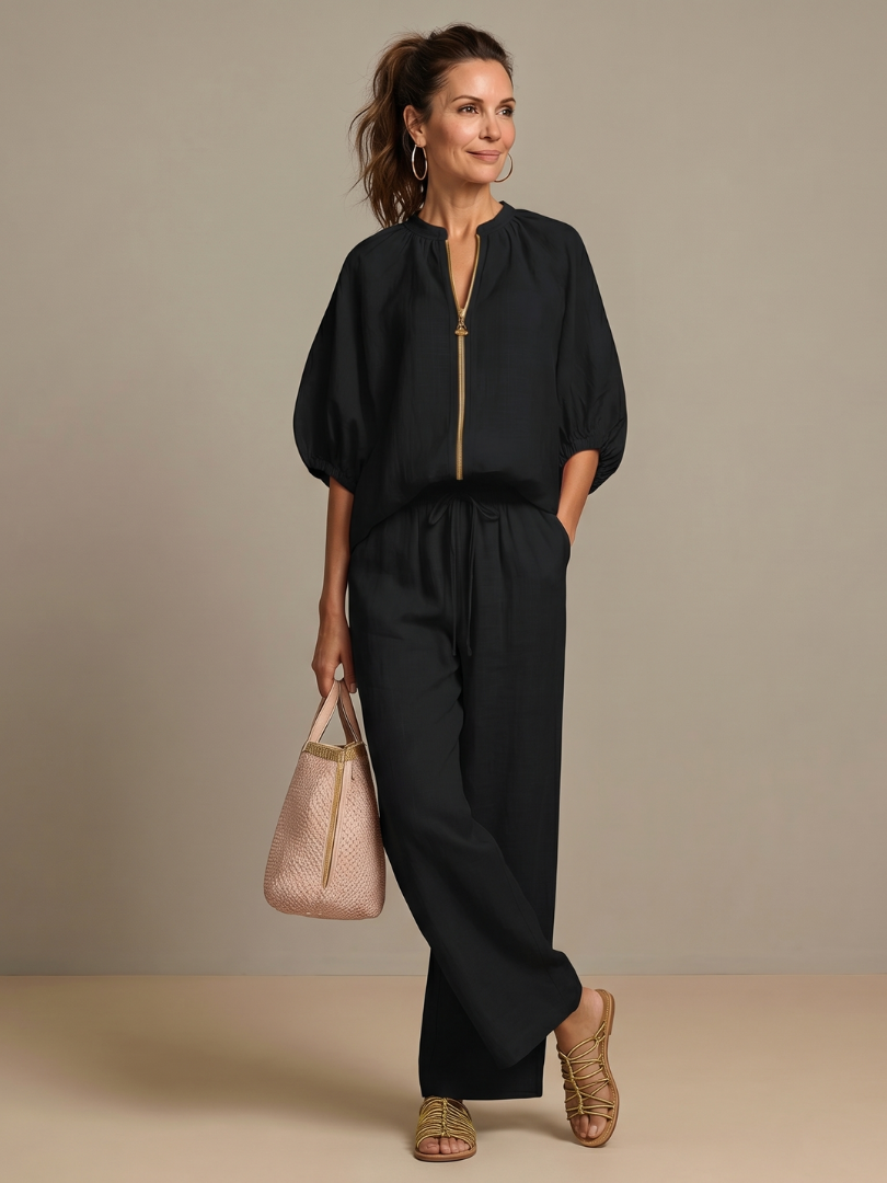 Two-piece set for women in a relaxed fit with puff sleeves and pants - J&B; - 18 - Elvaroza.com