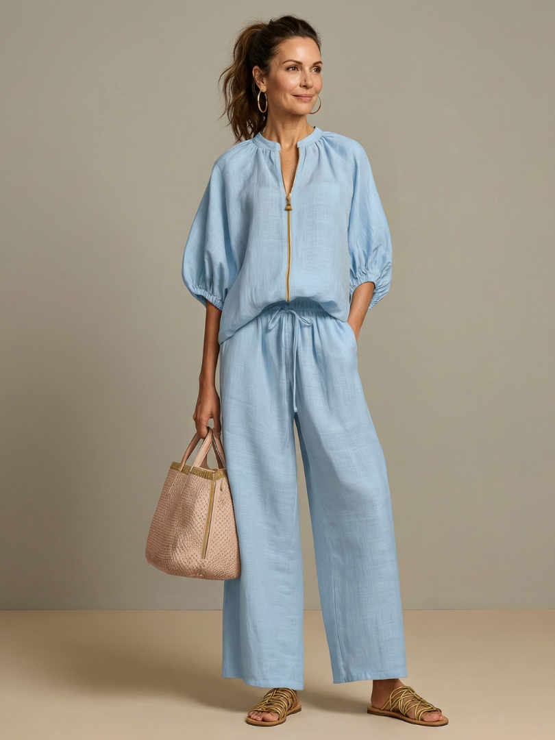 Two-piece set for women in a relaxed fit with puff sleeves and pants - J&B; - 1 - Elvaroza.com