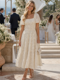 Women's midi dress with a square neckline, puff sleeves, and a floral pattern - J&B; - 1 - Elvaroza.com