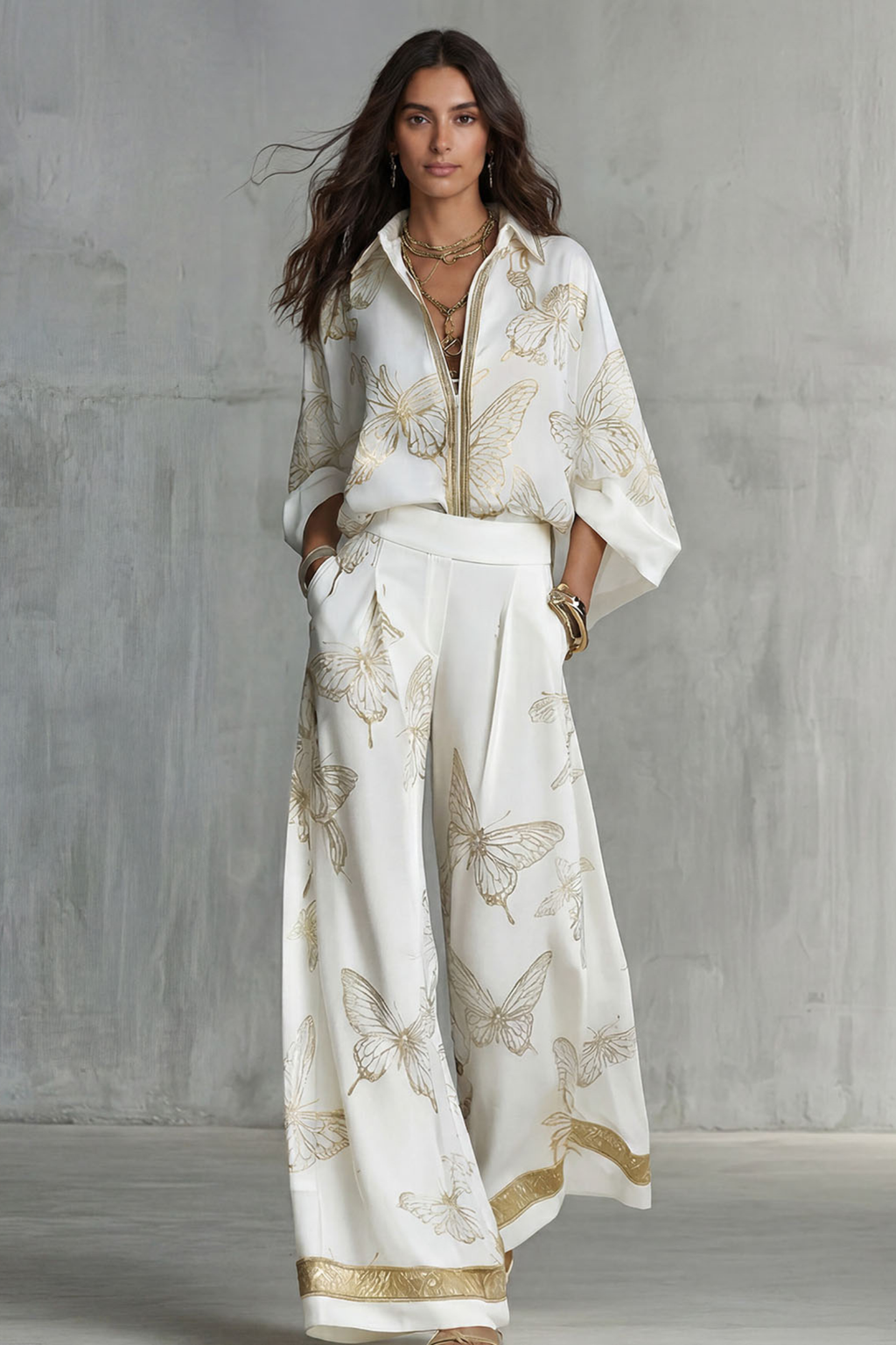 Two-Piece Set Women's Butterfly Print Blouse and Wide-Leg Pants with Gold Accents - Image 1
