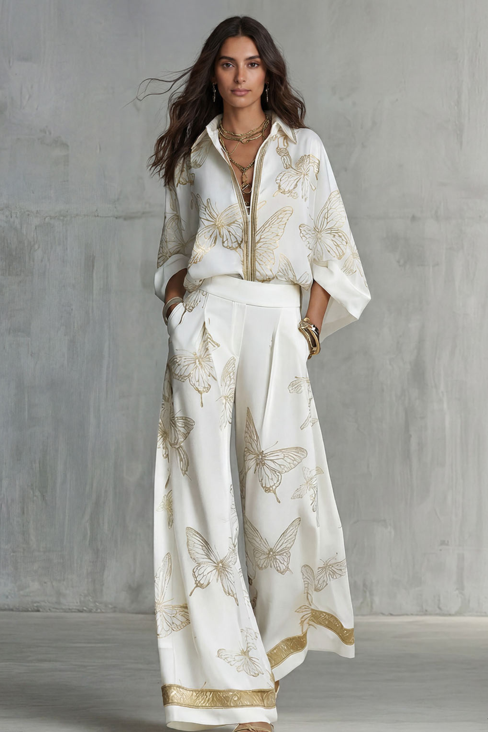 Two-Piece Set Women's Butterfly Print Blouse and Wide-Leg Pants with Gold Accents - Image 1