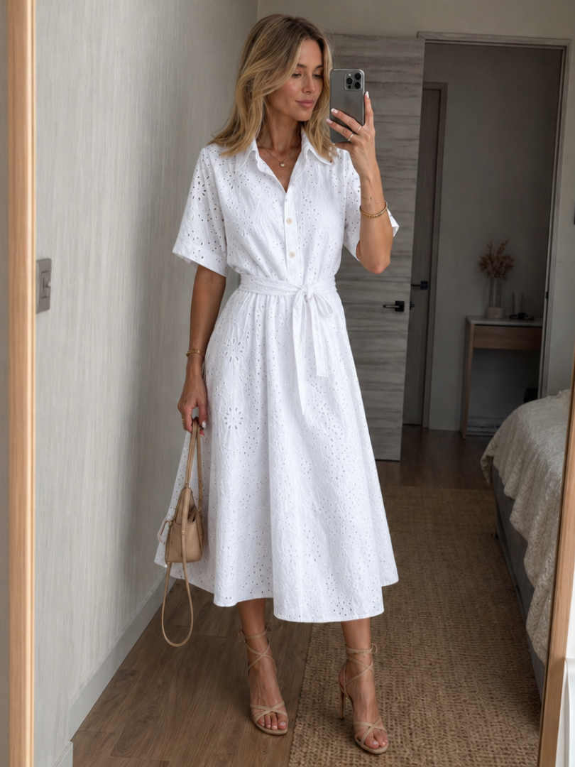 Women's shirt dress with a floral openwork pattern and a belt at the waist - J&B; - 1 - Elvaroza.com