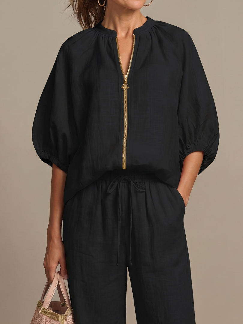 Two-piece set for women in a relaxed fit with puff sleeves and pants - J&B; - 21 - Elvaroza.com