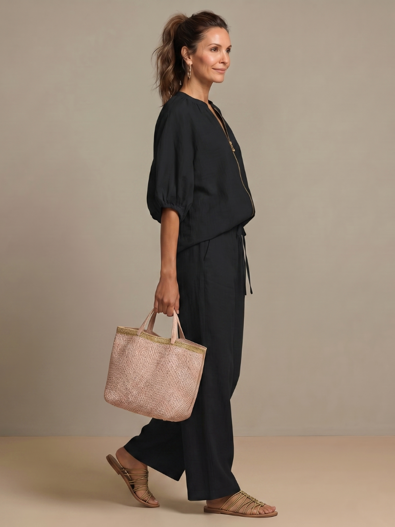 Two-piece set for women in a relaxed fit with puff sleeves and pants - J&B; - 20 - Elvaroza.com