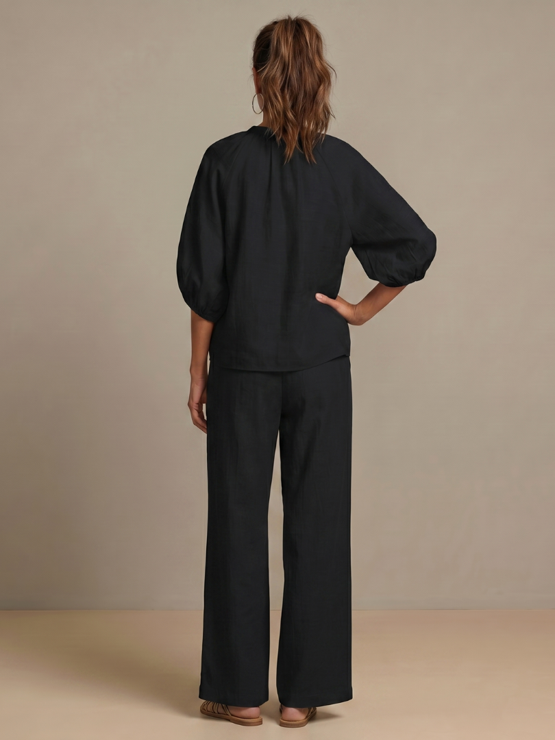 Two-piece set for women in a relaxed fit with puff sleeves and pants - J&B; - 22 - Elvaroza.com
