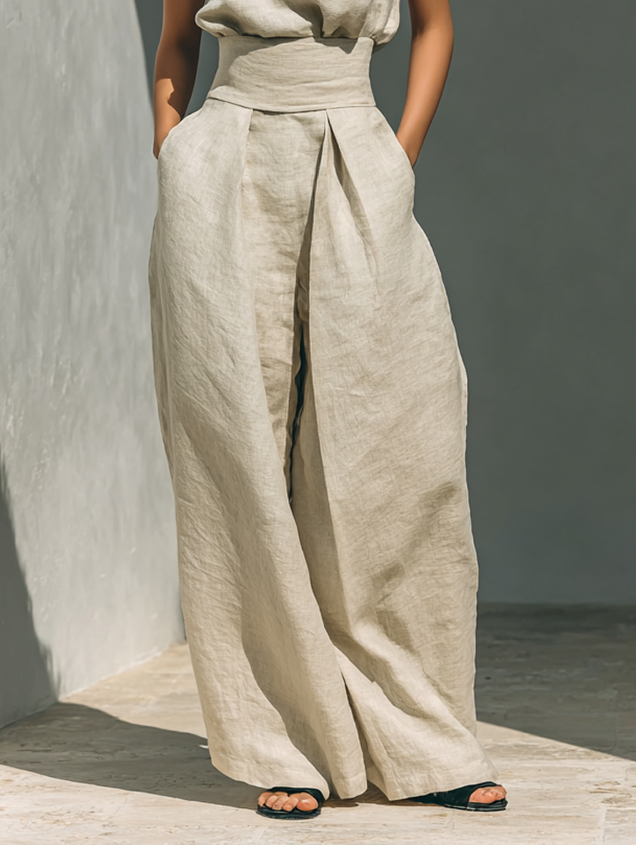 Wide Leg Jumpsuit Women's Fluid Linen Look with Waist Definition - Image 7