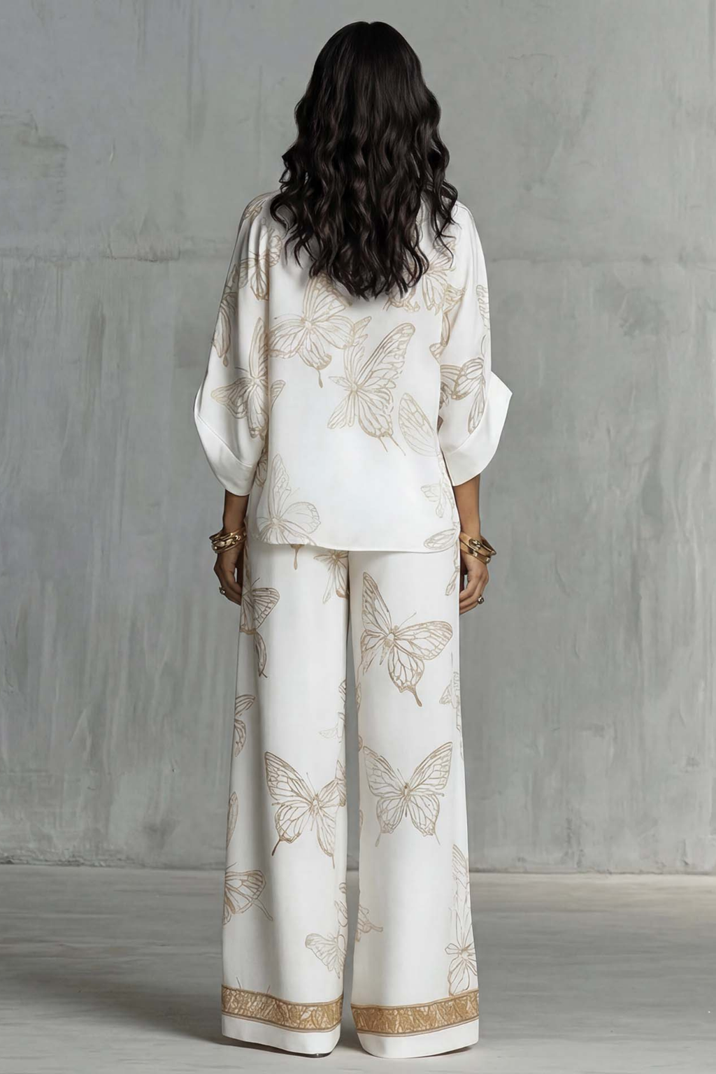 Two-Piece Set Women's Butterfly Print Blouse and Wide-Leg Pants with Gold Accents - Image 2